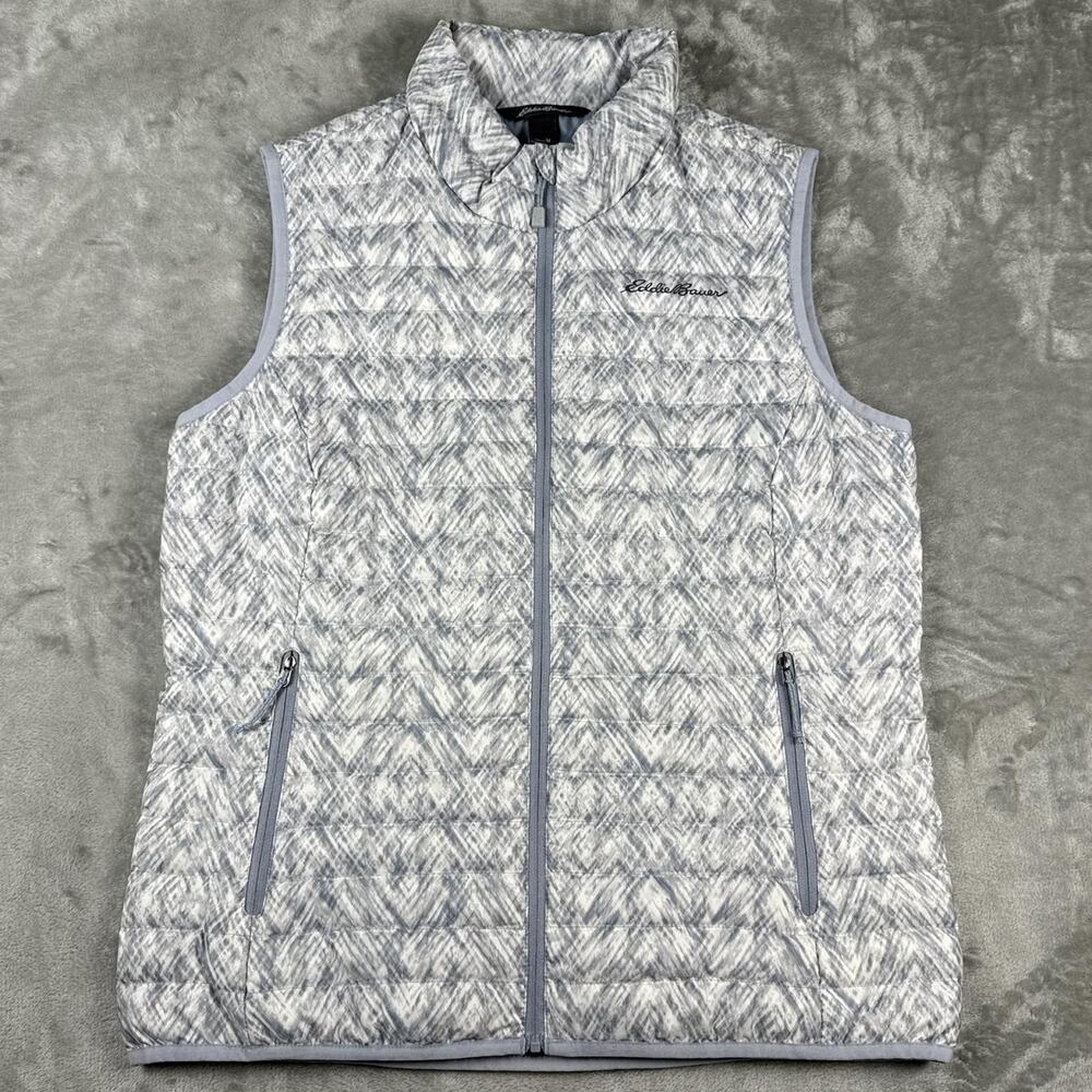 Eddie Bauer Down Vest Puffer Lightweight Quilted Gray White Womens Medium